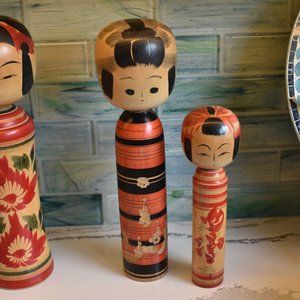 Vintage Kokeshi Wooden Hand Painted Japanese Dolls-Set of 2